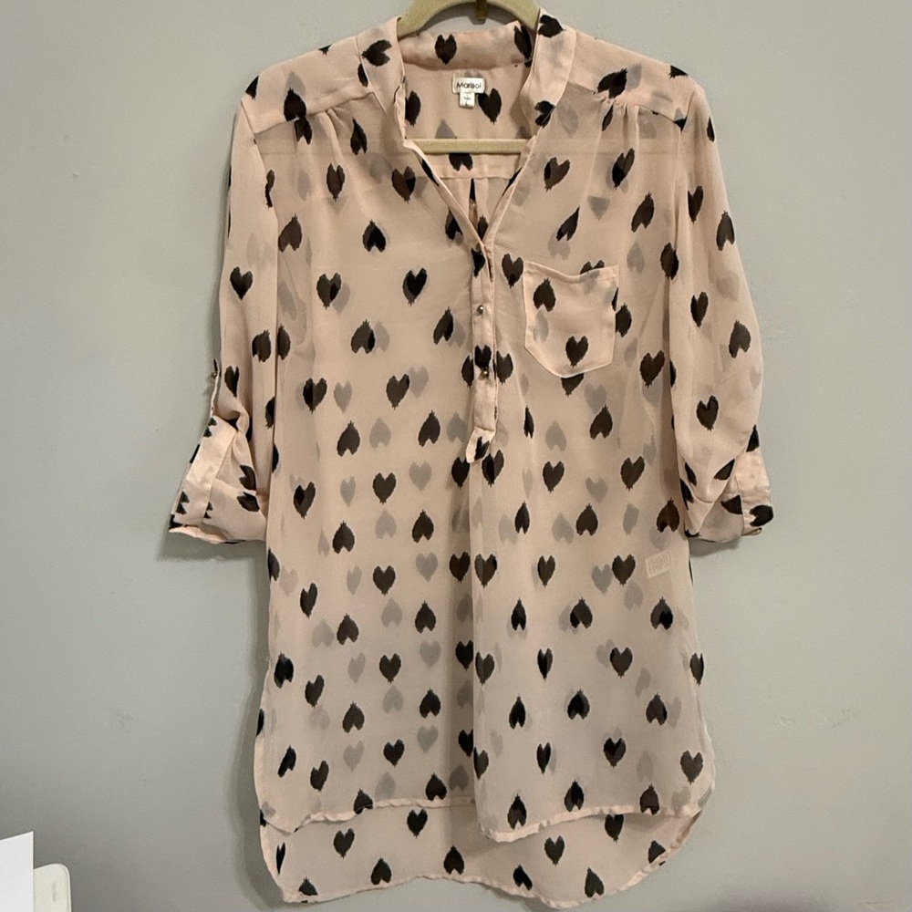 Women's sheer, light-pink/blush, 3/4 button-up with a black heart print. Sz L